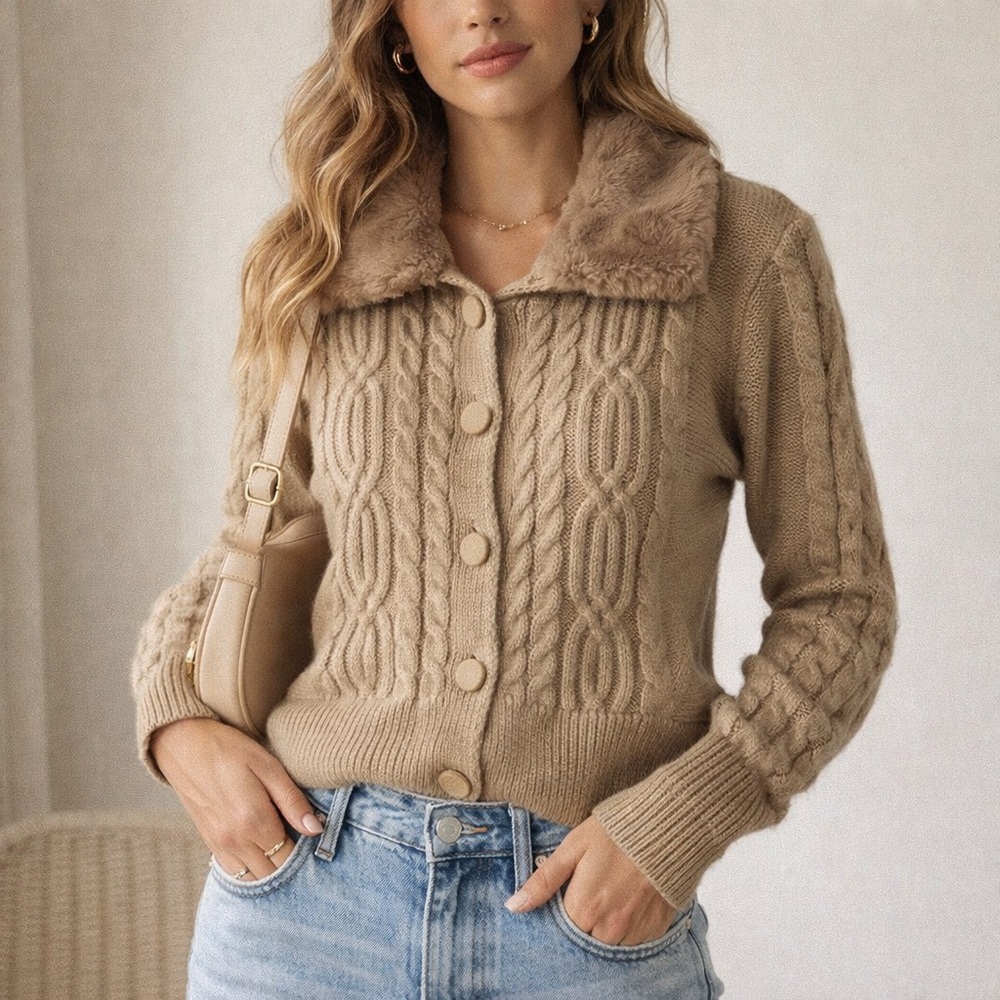 Entro Tan Cable Knit Cardigan with Faux Fur Collar 06-0234